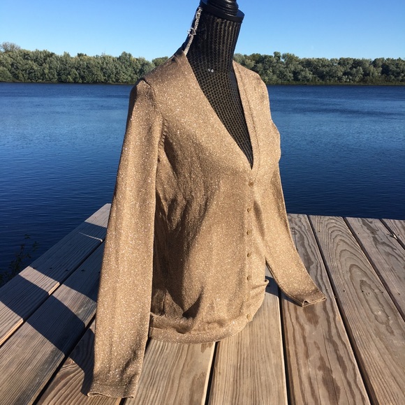 Ann Taylor tan shimmer button cardigan sweater - Picture 2 of 6